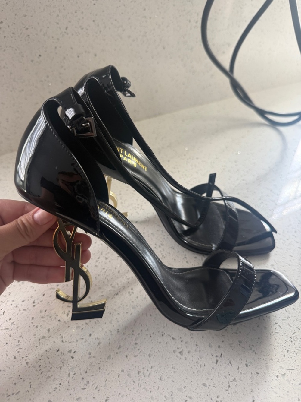 Saint Laurent Black Patent Opyum Logo-Heel Sandals
